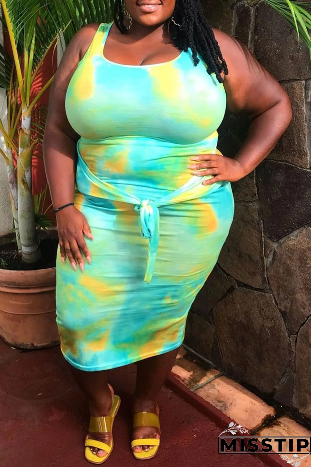 Multicolor Fashion Sexy Plus Size Tie Dye Printing U Neck Vest Dress