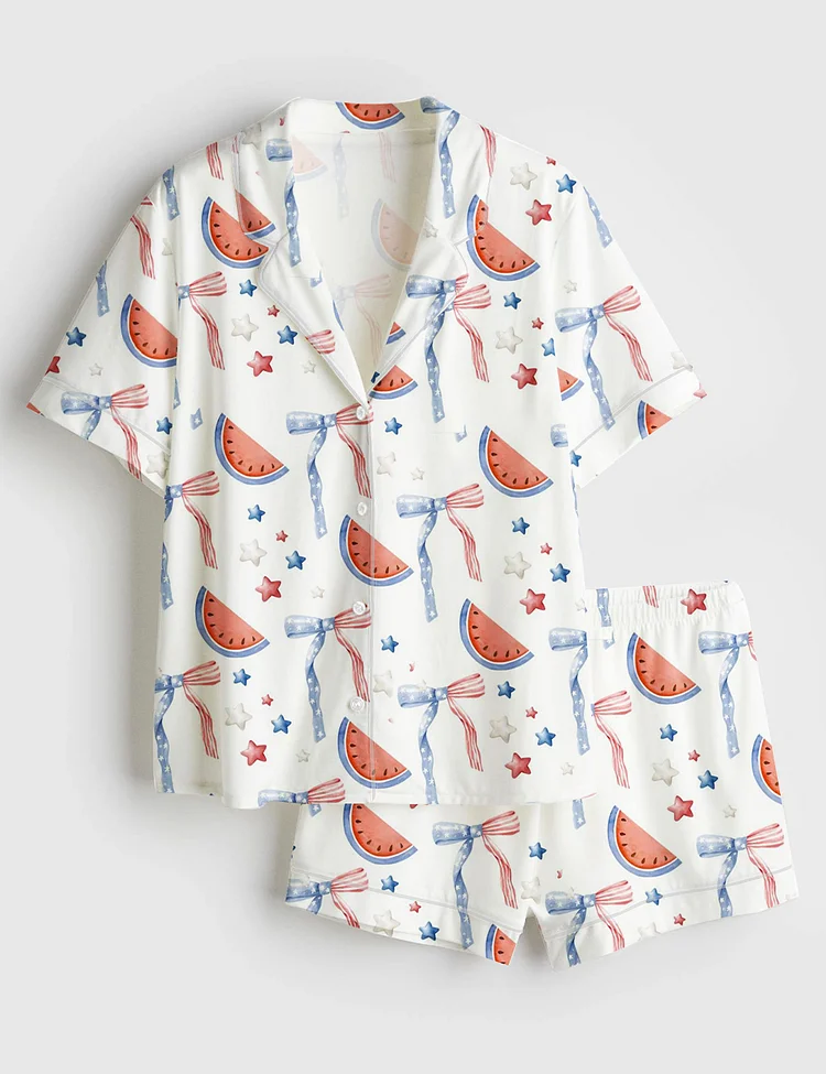 Women&rsquo;s Watermelon Bow Stars And Stripes Independence Day The 4th Of July Red White Blue Short Sleeve Satin Pajama Set