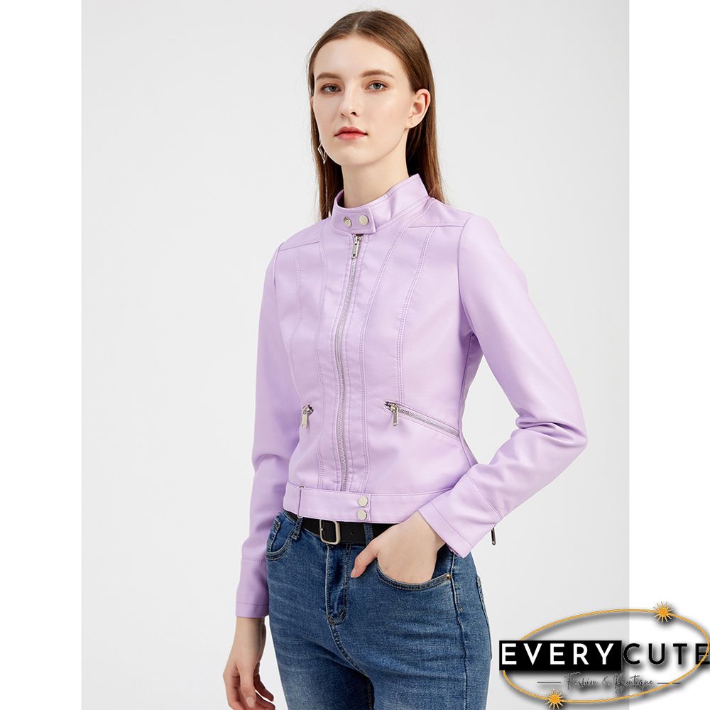 Light Purple PU Stand Collar Short Leather Jacket