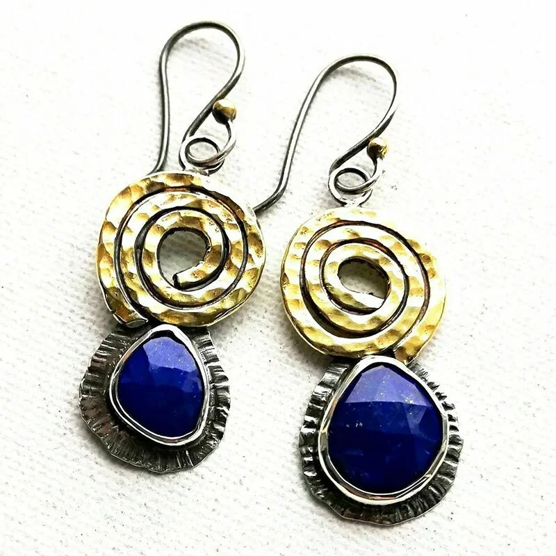 European and American retro bohemian two-color spiral asymmetric lapis lazuli pendant earrings jewelry new