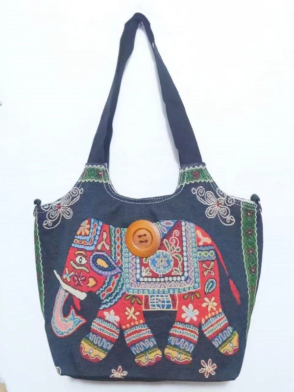 Women’s Large Canvas Elephant Ethnic Style Square Zipper Shoulder Bag