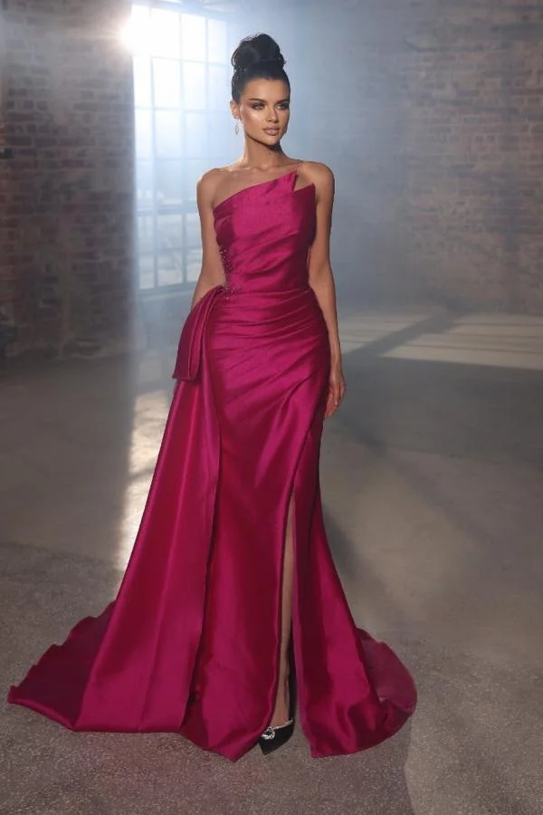 Bellasprom Fuchsia Strapless Prom Dress Mermaid Sleeveless Pleats WIth Ruffles