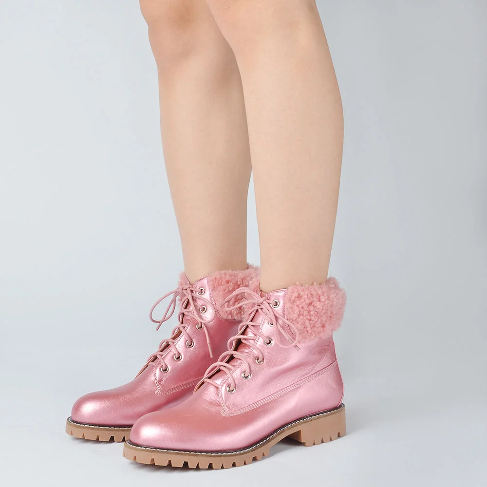 Pink Glossy Combat Boots Cattle-hide Sole Booties With Feather