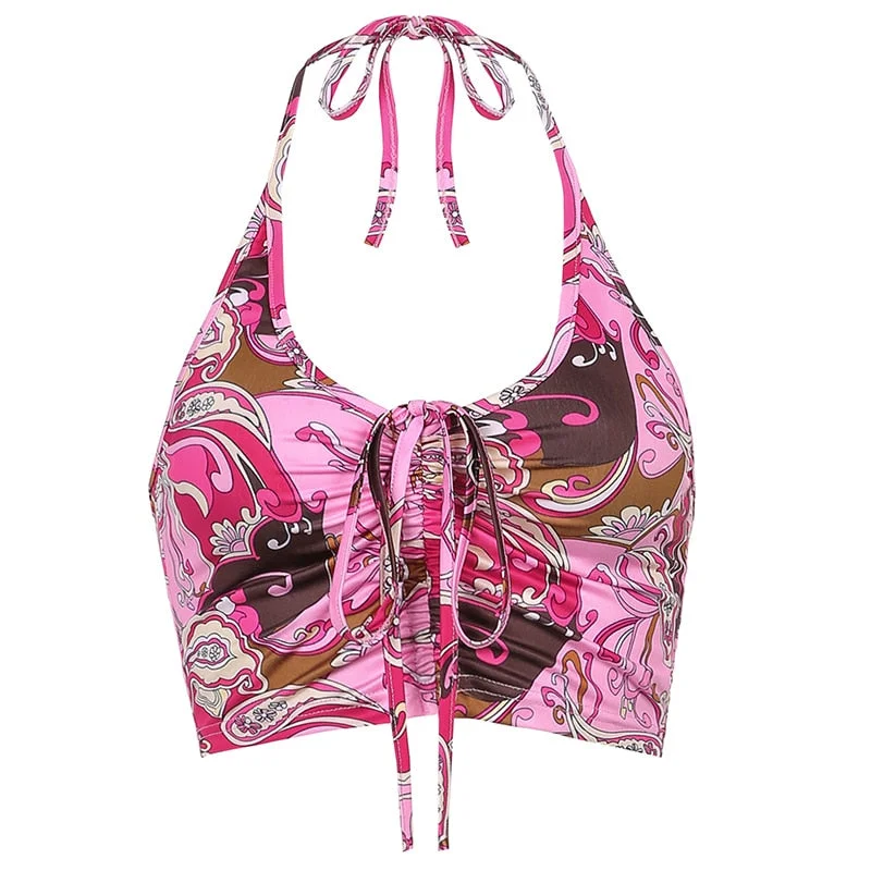 Rapcopter Paisley Printed y2k Crop Top Aesthetic Halter Top Ruched Tie Up Camis Women Vintage Sweats Beach Holiday Top Vests 90s