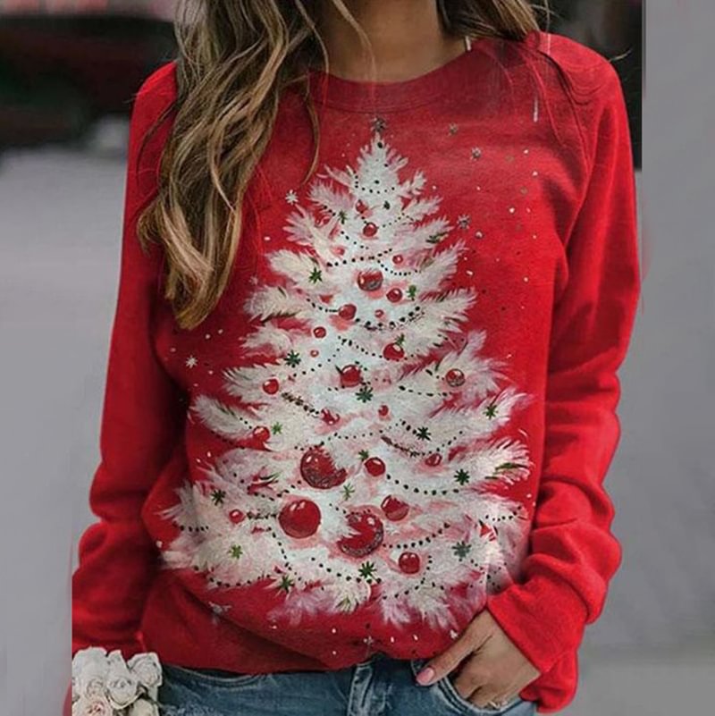 Christmas Tree Print Casual Red Sweatshirt