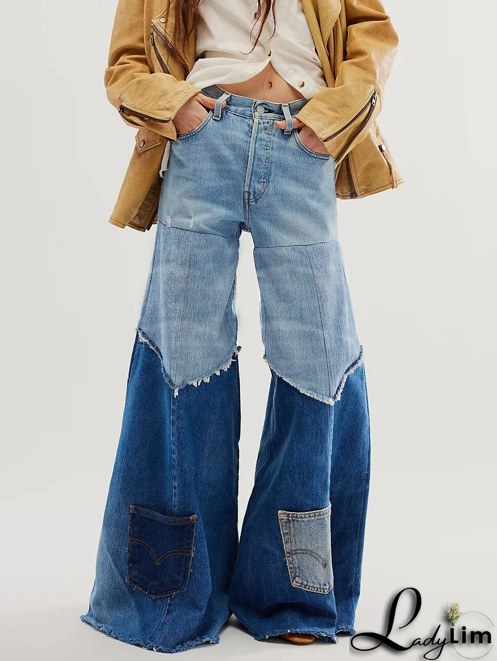 Casual Denim Patchwork Colorblock Pocket Wide Leg Jeans