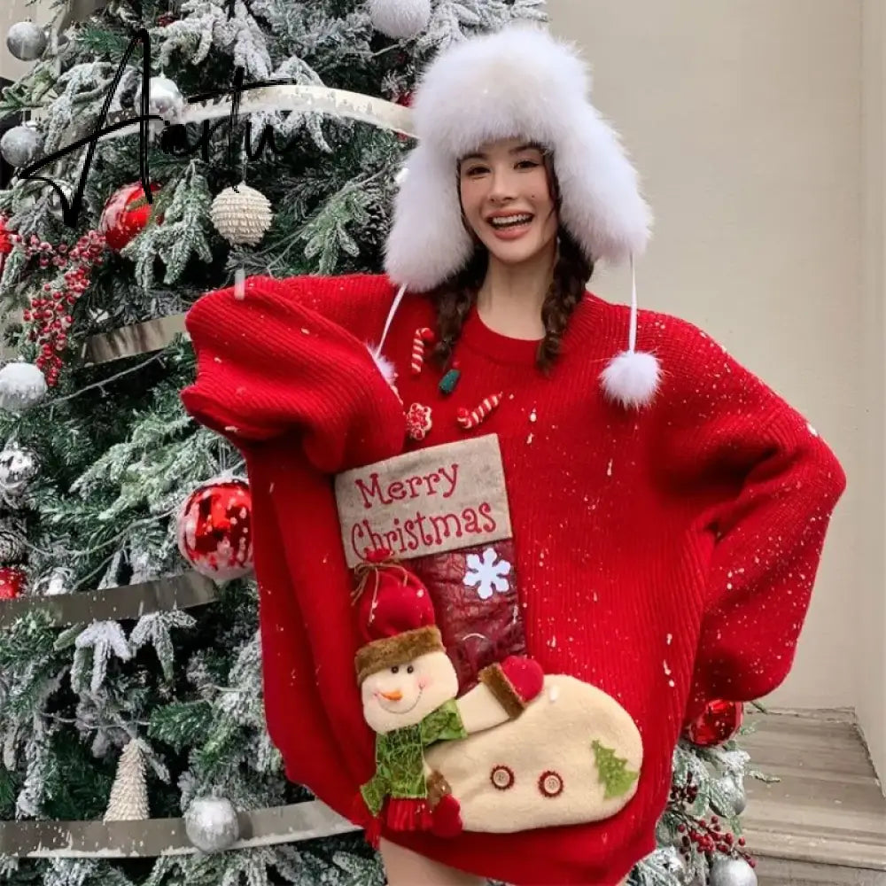 Christmas Red Loose Sweaters Mujer  Autumn New Thicked Warm Knitted Pullovers Y2k Long Sleeve Lazy Tops Women New Year Aiertu