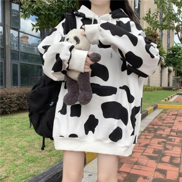 M-XXL Kawaii Black/Gray Cow Print Thick Oversize Warm Hoodie SP17440