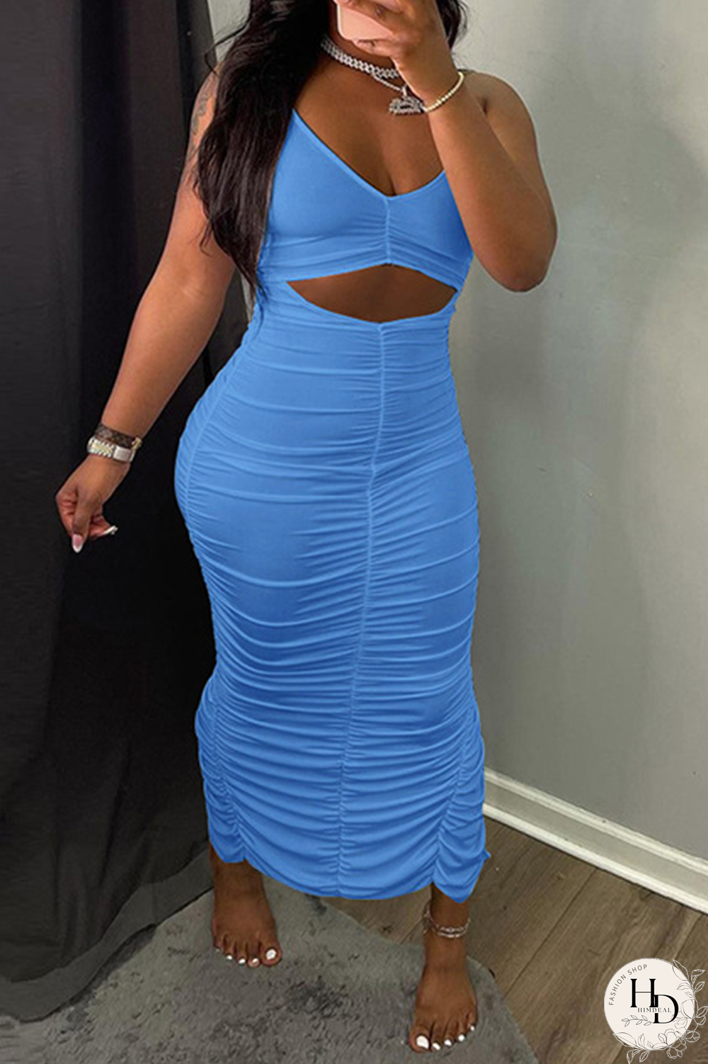 Light Blue Sexy Solid Hollowed Out V Neck Pencil Skirt Dresses