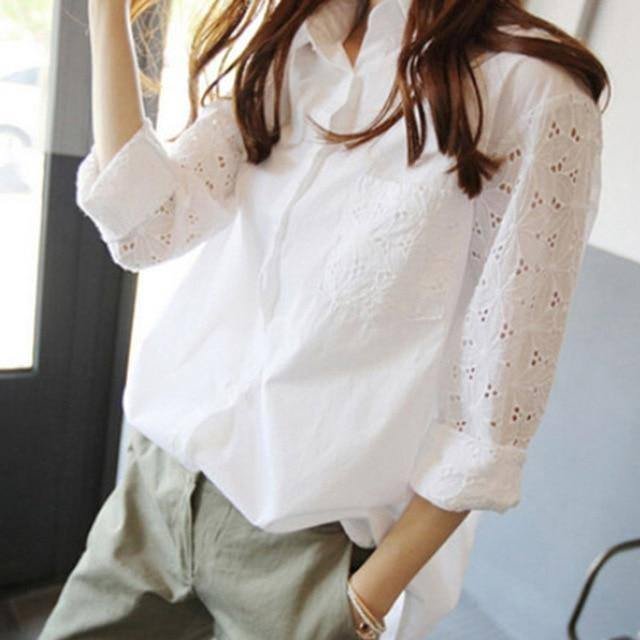 Office White Womens Shirt Tops And Blouses Tunics Plus Size Woman Blouse Work Shirt Hollow out 9/10 Sleeves Blusas Femininas