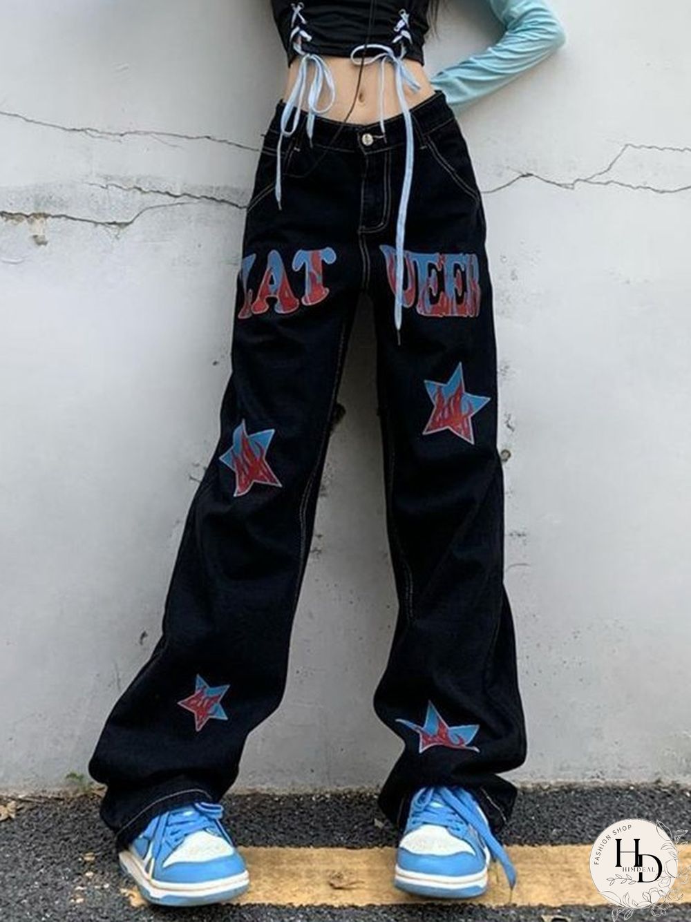 Hip Hop Loose American Star Print Distressed Cargo Jeans