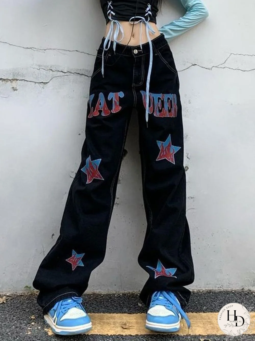 Hip Hop Loose American Star Print Distressed Cargo Jeans