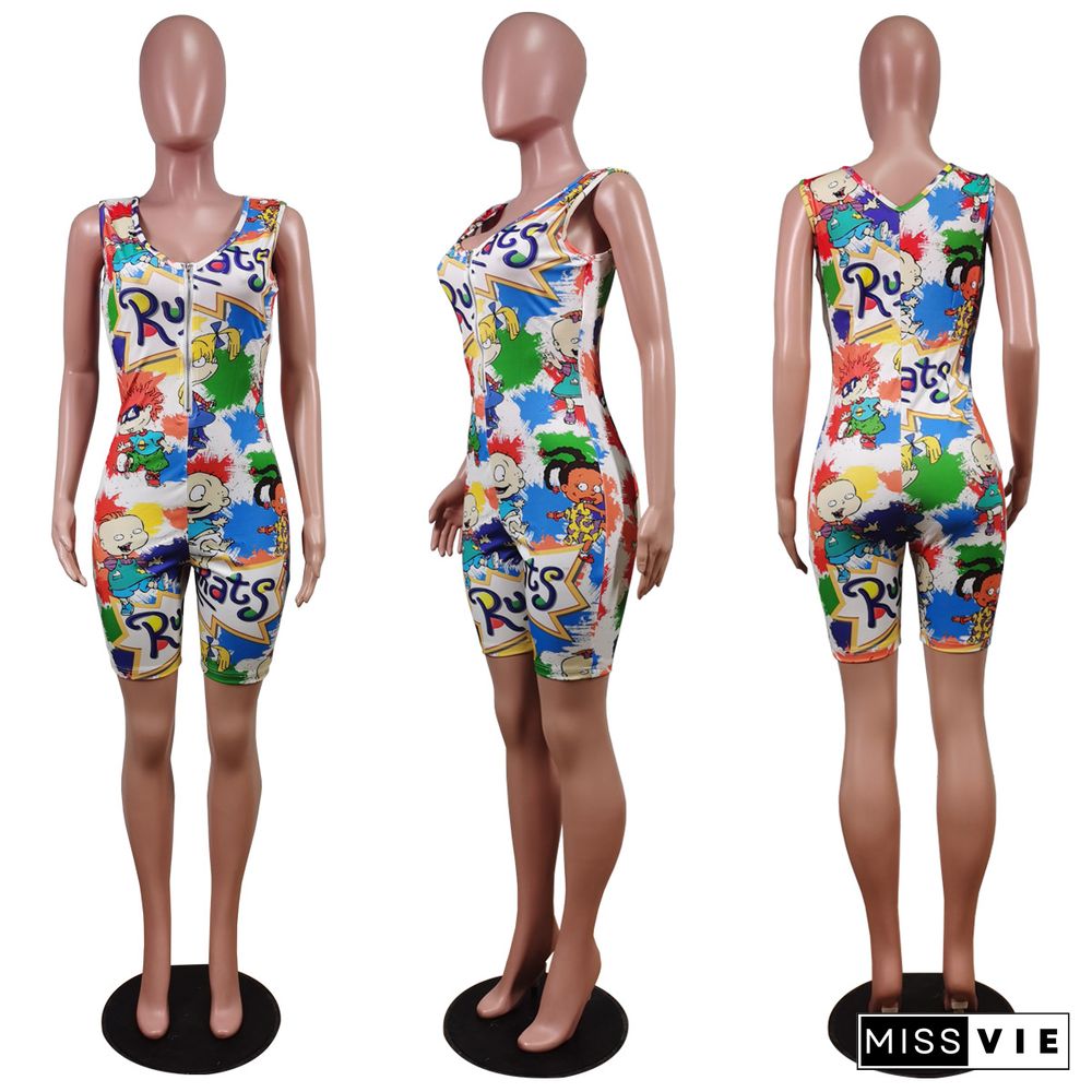 Sports Zipper Sleeveless Cartoon Print Rompers