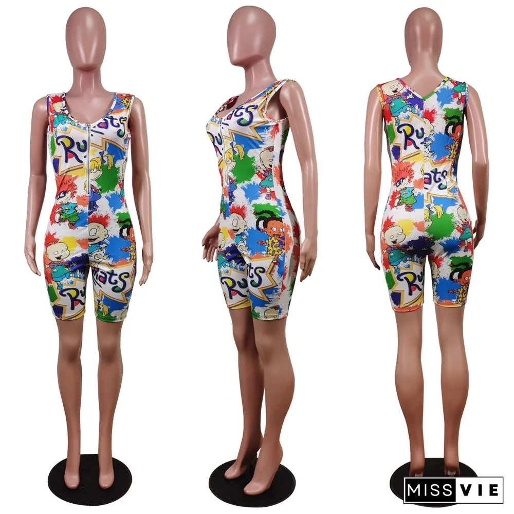 Sports Zipper Sleeveless Cartoon Print Rompers