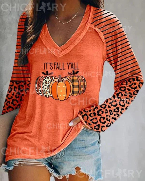Pumpkin Leopard Print Long Sleeve Casual T-Shirt