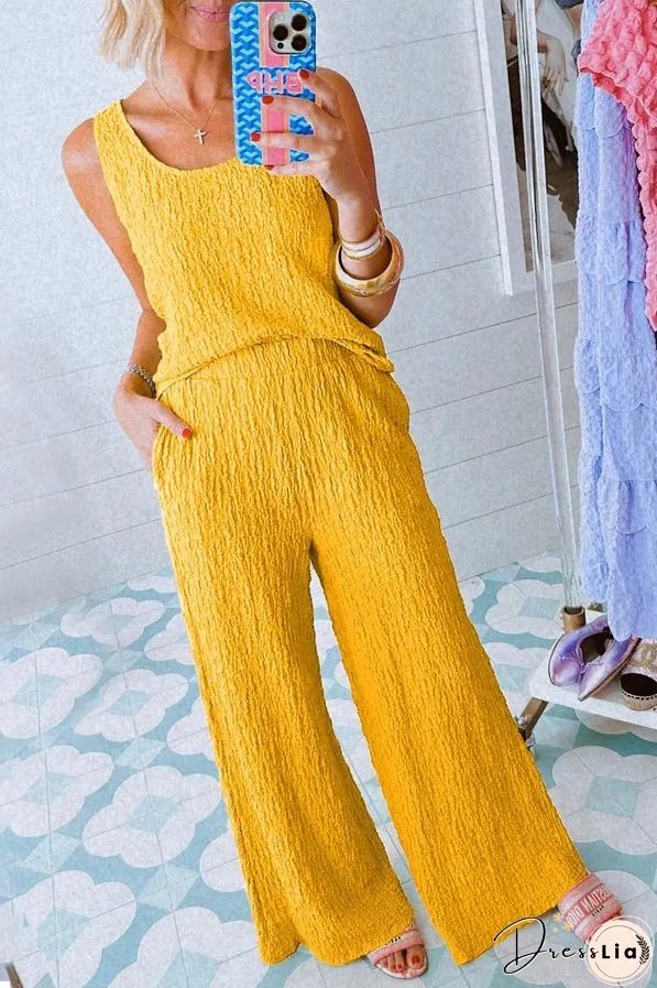 Yellow Crinkled U Neck Tank and Wide Leg Pants Set