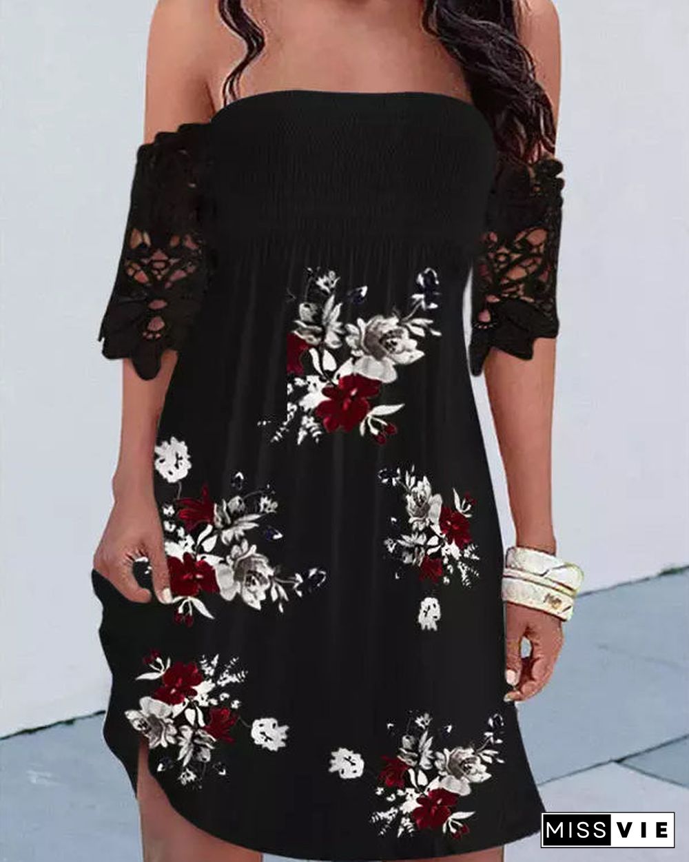 Lace Printed Strapless Off Shoulder Resort Dress
