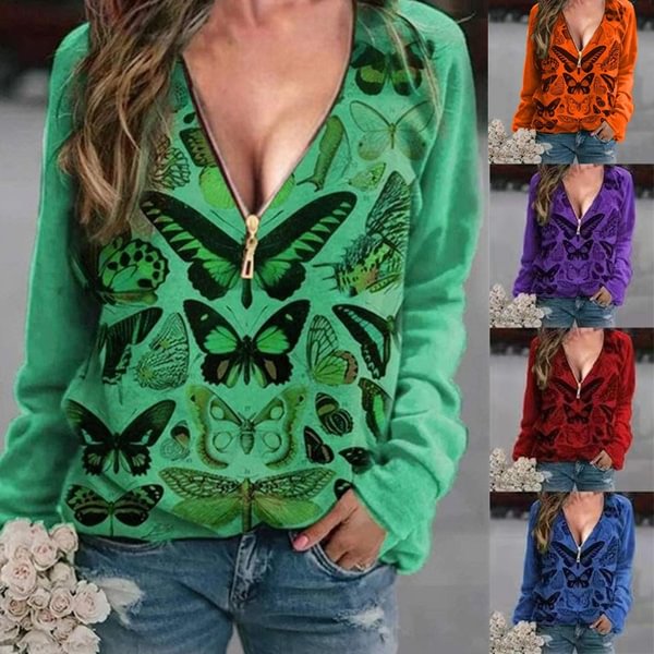 Spring and Summer New Fashion Women's Vintage Printed Zipper V-neck Casual Loose Long Sleeve T-shirt Soft and Comfortable Lightweight Plus Size Shirt Top XS-5XL - Shop Trendy Women's Clothing | LoverChic