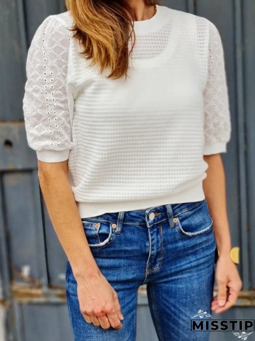 Elegant White Embroidered Waffle Knit Puff Sleeve Tee