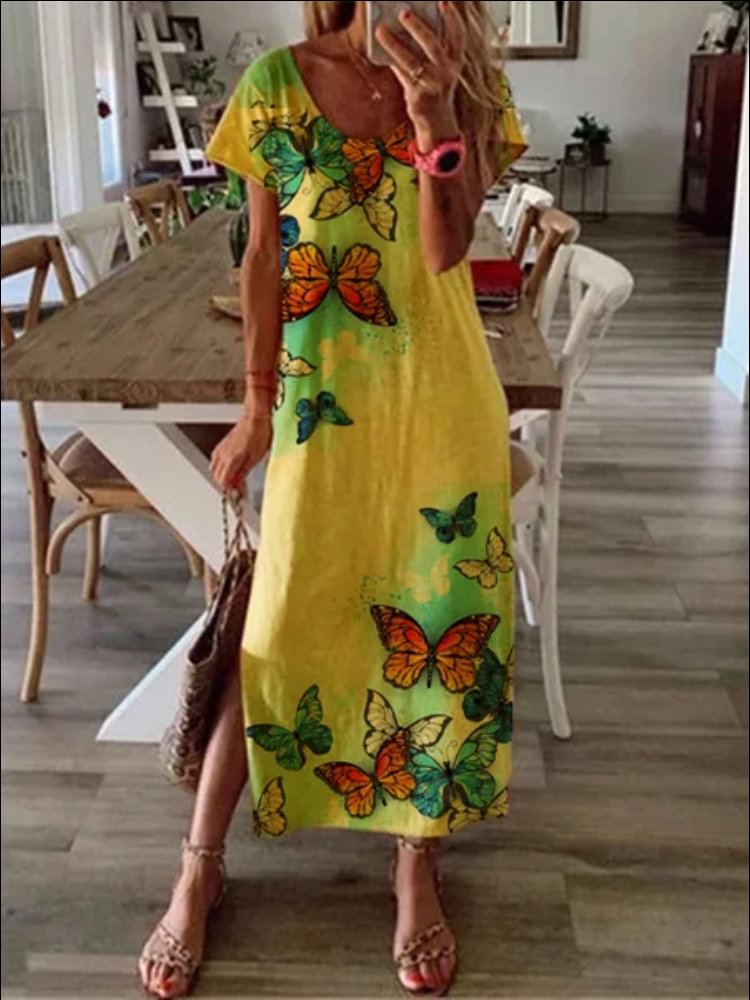 Women's Fashion New Butterfly Print Round Neck Short Sleeve Maxi Dress