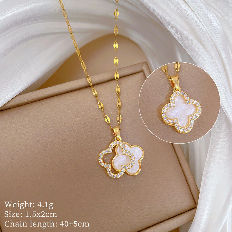 Diamond-Studded Four-Leaf Flower Necklace For Women Double-Sided Shell Clavicle Chain Hot Sale