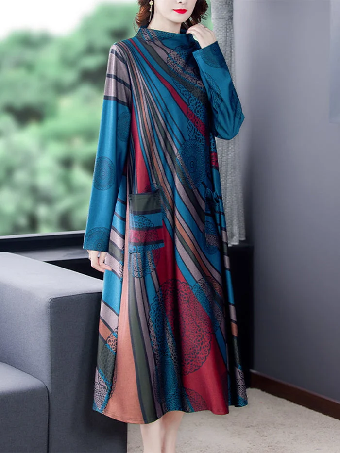 Printed Loose High Neck Long Dress