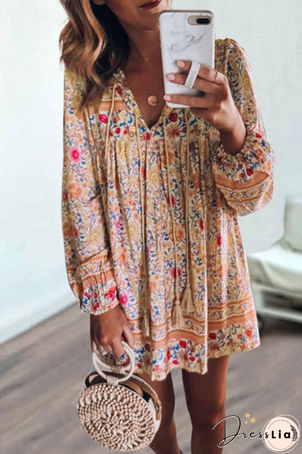 Casual Print Split Joint V Neck Cake Skirt Dresses