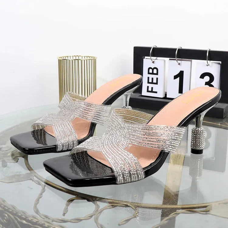 Open Toe Rhinestone Drag Slippers with Thin Heels