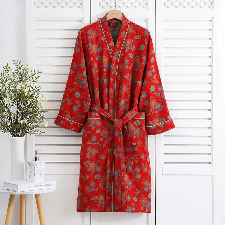 Kimono Cotton Gauze Floral Bathrobe Radinnoo.com