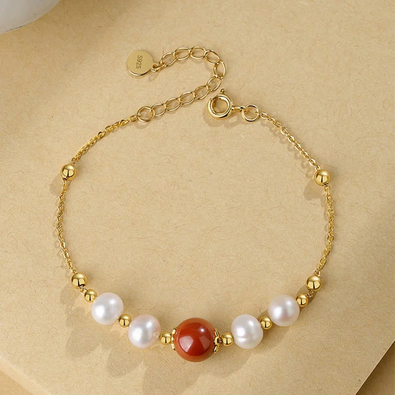 925 Sterling Silver Pearl Cinnabar Healing Bead Chain Bracelet
