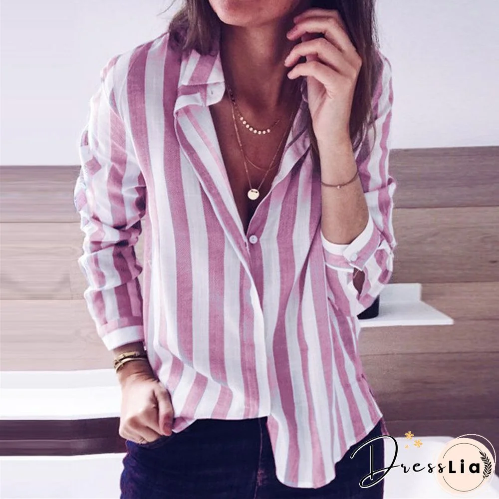 Autumn And Winter Casual Striped Candy Color Long-sleeved Shirt Top Women's Clothing