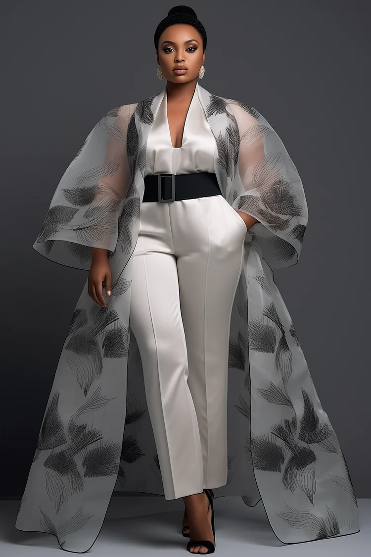 Xpluswear Design Plus Size Formal Grey Graphic V Neck Long Sleeve Pocket Satin Jumpsuits Cardigan Set  [Pre-Order] 2024 - Xpluswear