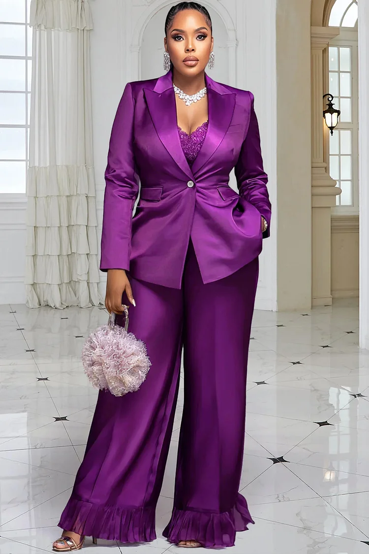 Xpluswear Design Plus Size Formal Purple Lapel Collar Long Sleeve Wide Leg Contrast Satin Two Piece Pant Suits 2024 - Xpluswear