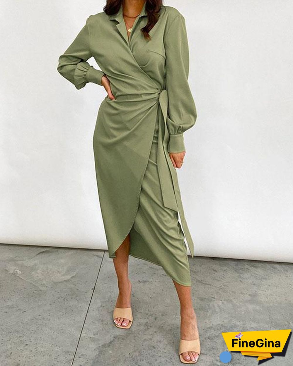 Women's Long Sleeve Wrap Lace up Midi Dress