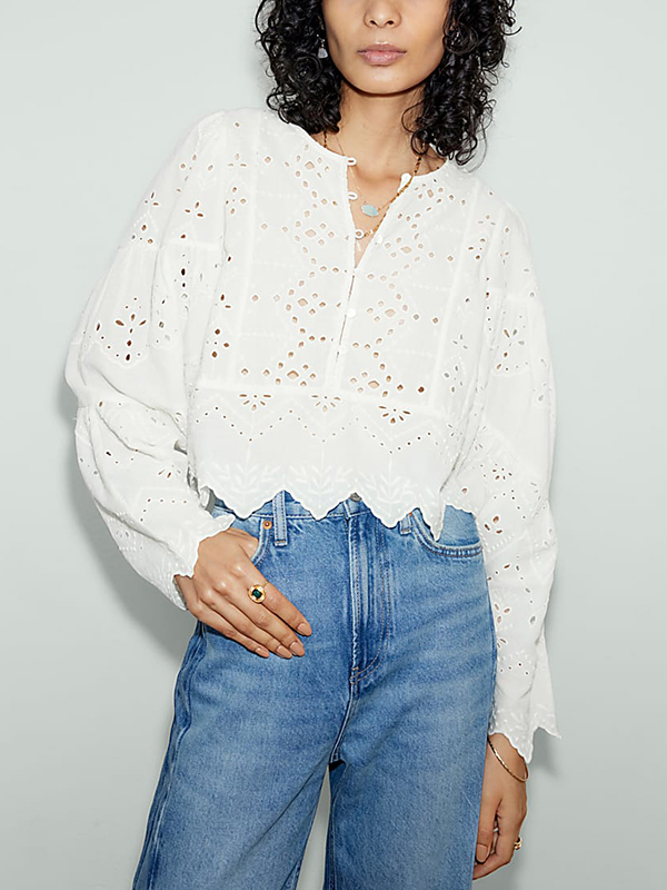Solid Color Long Sleeve Hollow Embroidery Cotton Blouse