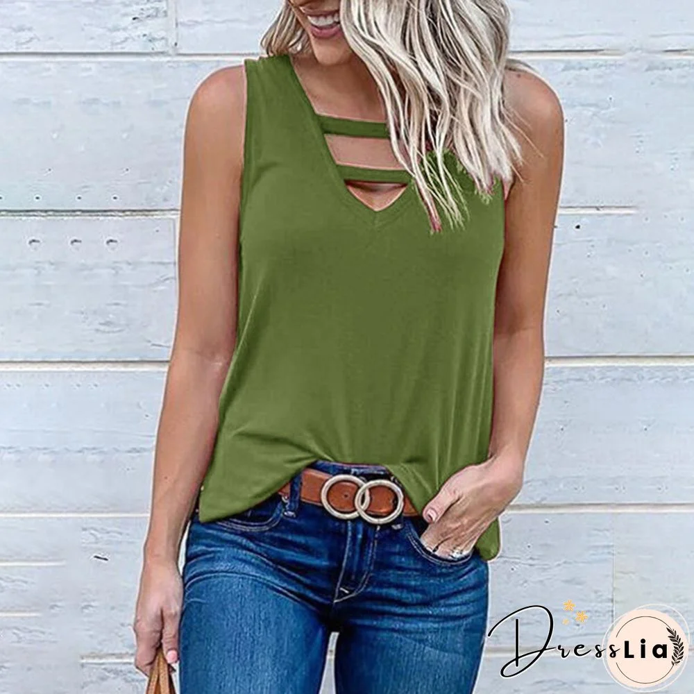 Summer Sleeveless Tops For Women Cutout V Neck Fashion Loose Solid Color Casual Vest Sexy Hollow Out Tank Top Sleeveless Shirts