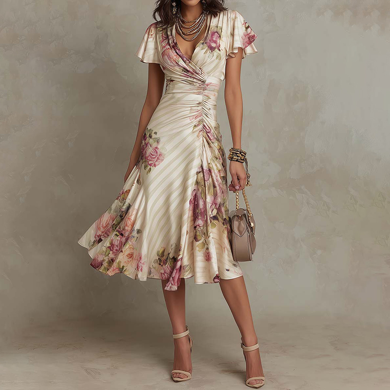 French Print Pleated Floral Elegant Dress elevenforest
