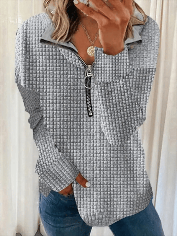 Women's Solid Color Waffle V Neck Zipper Long Sleeve Pullover.