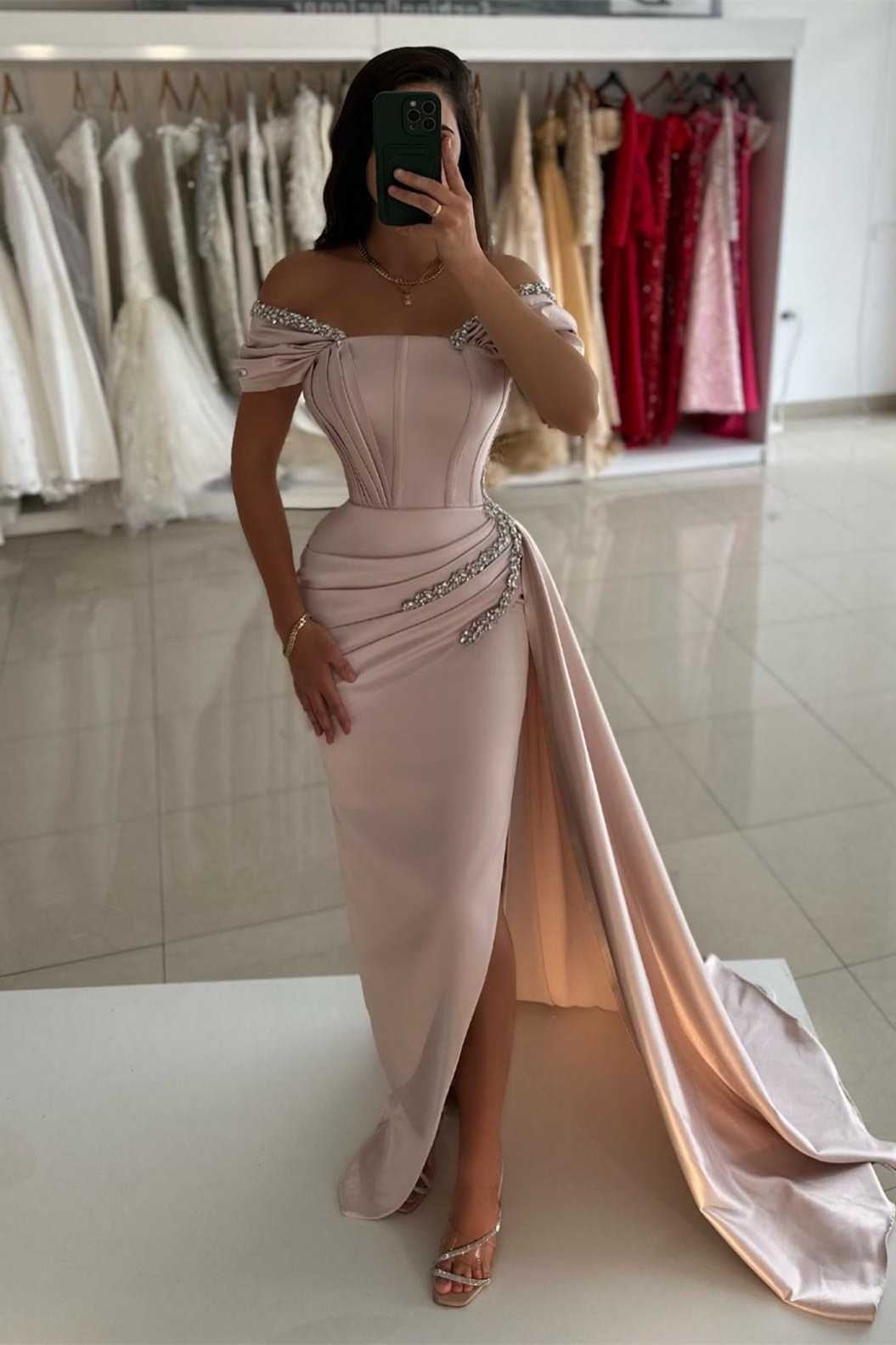 Bellasprom Blushing Pink Off-The-Shoulder Mermaid Prom Dress With Split Ruffles Beads Bellasprom