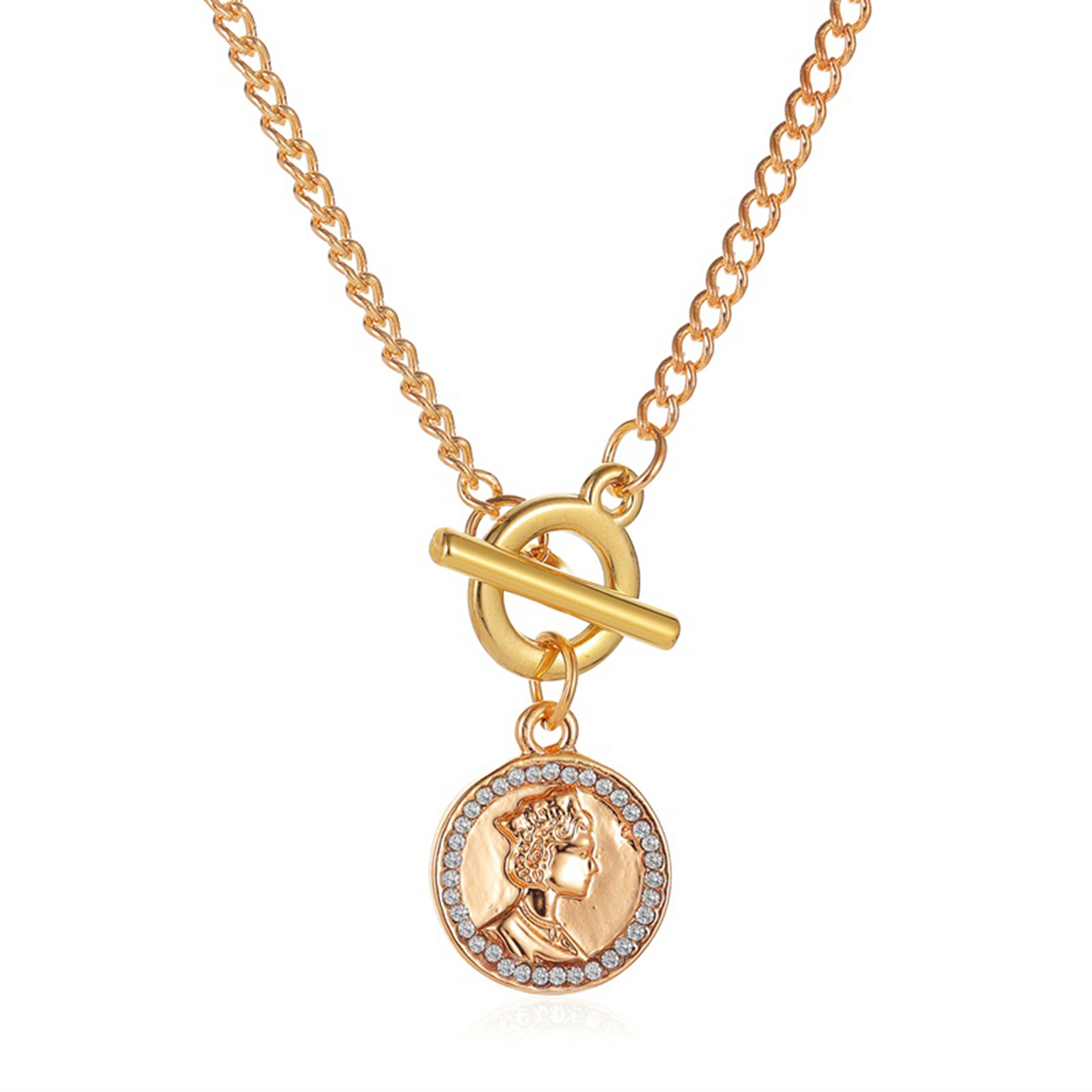 

Retro Round Portrait Rhinestone Necklace Women Metal Buckle Clavicle Chains, Gold, 501 Original
