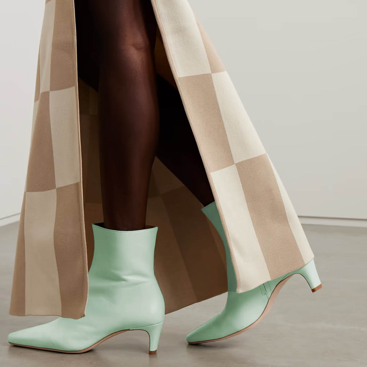 Light Green Square Toe Block Heeled Ankle Boots with Side Zipper Nicepairs