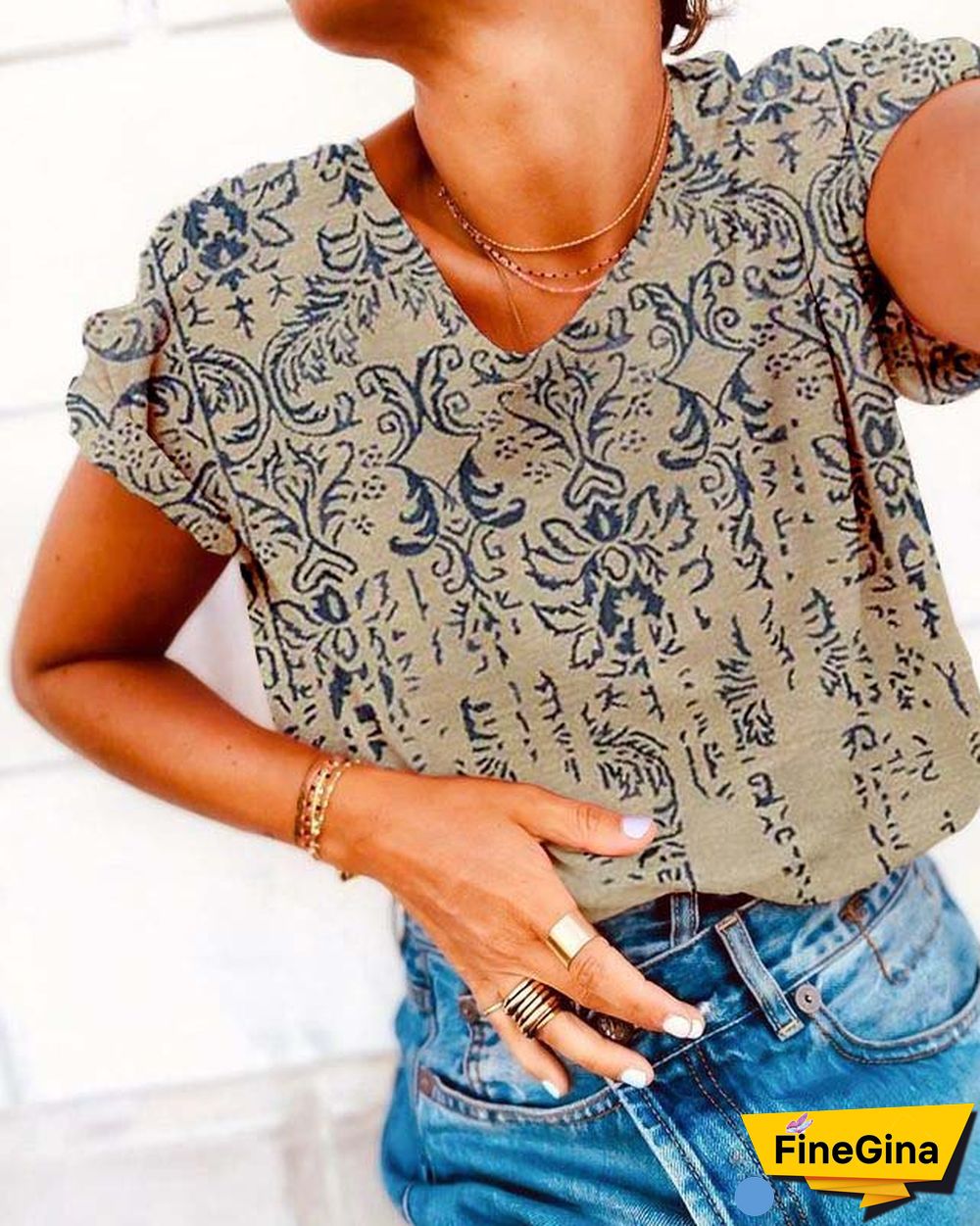 Paisley Short Sleeve Printed Cotton-blend Crew Neck Vintage Summer Beige T-Shirt