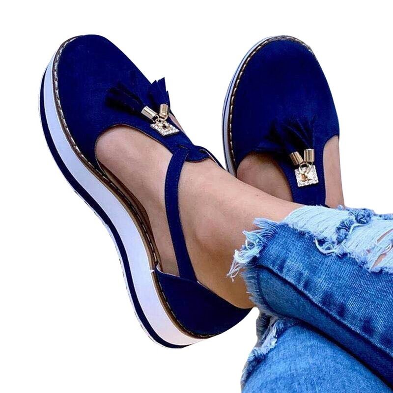 Women Flat Shoes Summer Vulcanized Shoes Solid Color Thick Bottom Women's Sandals Fashion Tassel Casual Style Women's Shoes Blue