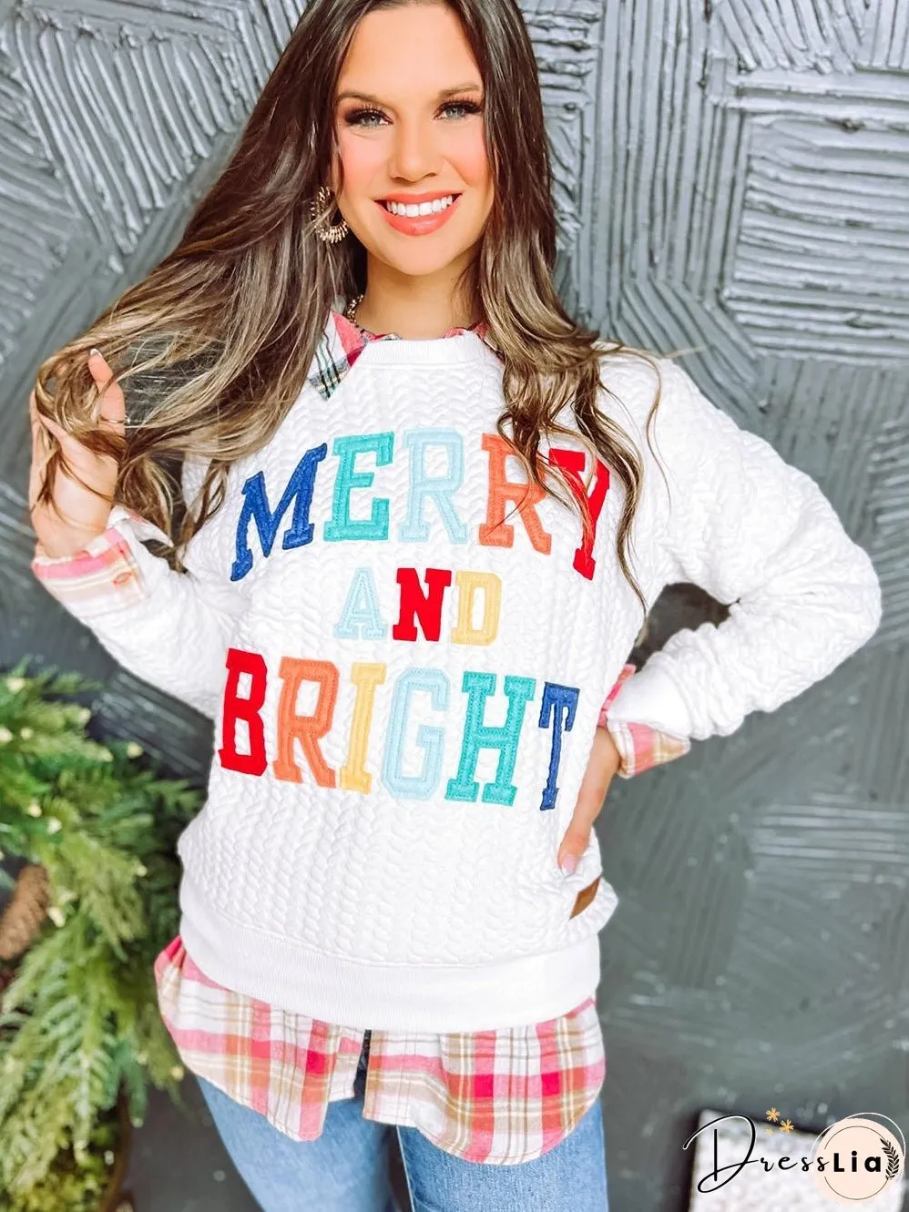 Cozy White Cable Knit Pullover with Merry and Bright Slogan