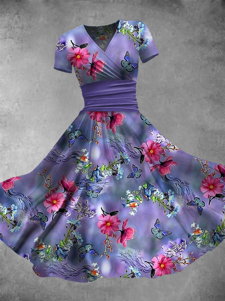Vintage Floral Print V-Neck Elegant Chic Loose Short Sleeve Midi Dress