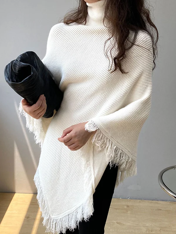 Casual Loose Tasseled Solid Color High-Neck Sweater Tops