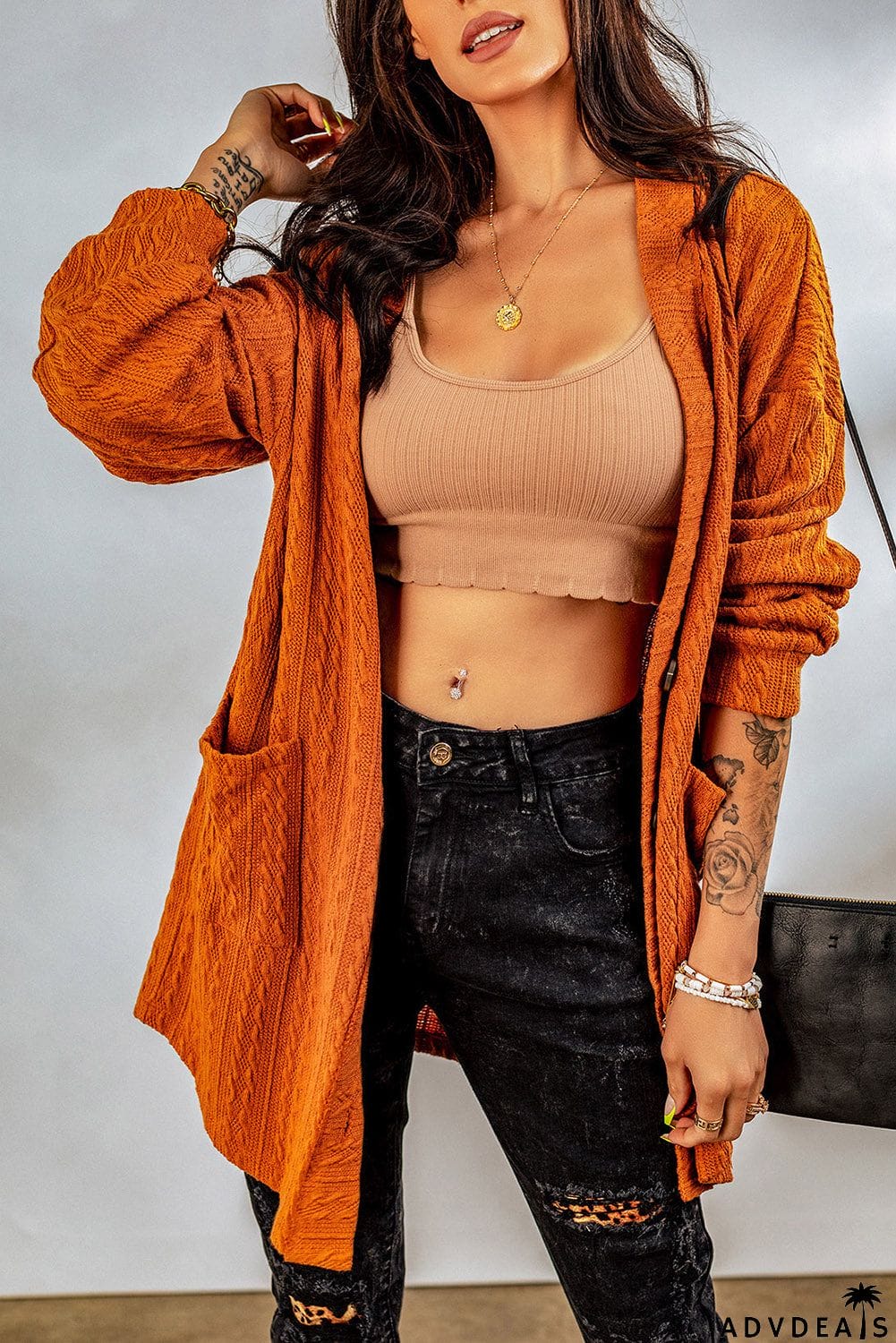 Brown Cable Knit Cardigan