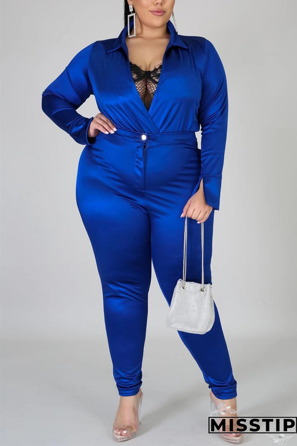 Blue Fashion Casual Solid Basic Turtleneck Plus Size Set