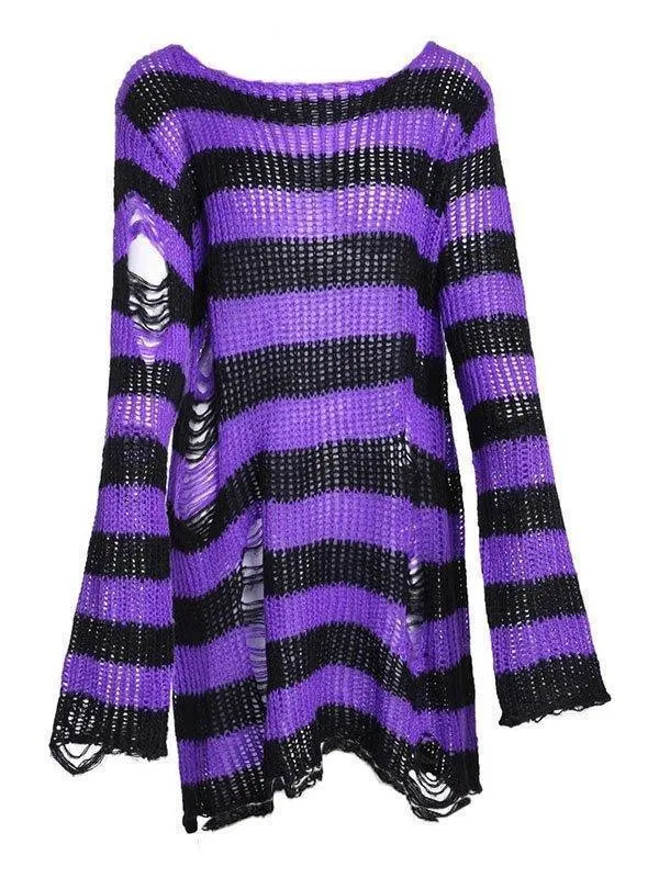 Brownm Distressed Stripe Longline Sweater