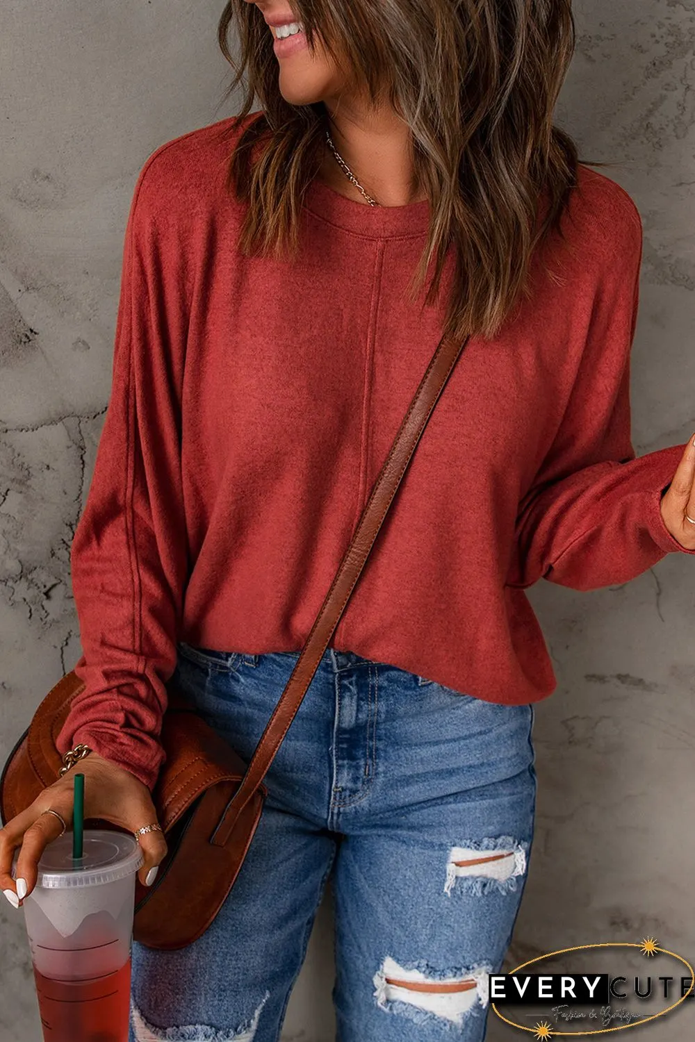 Red Solid Color Patchwork Long Sleeve Top